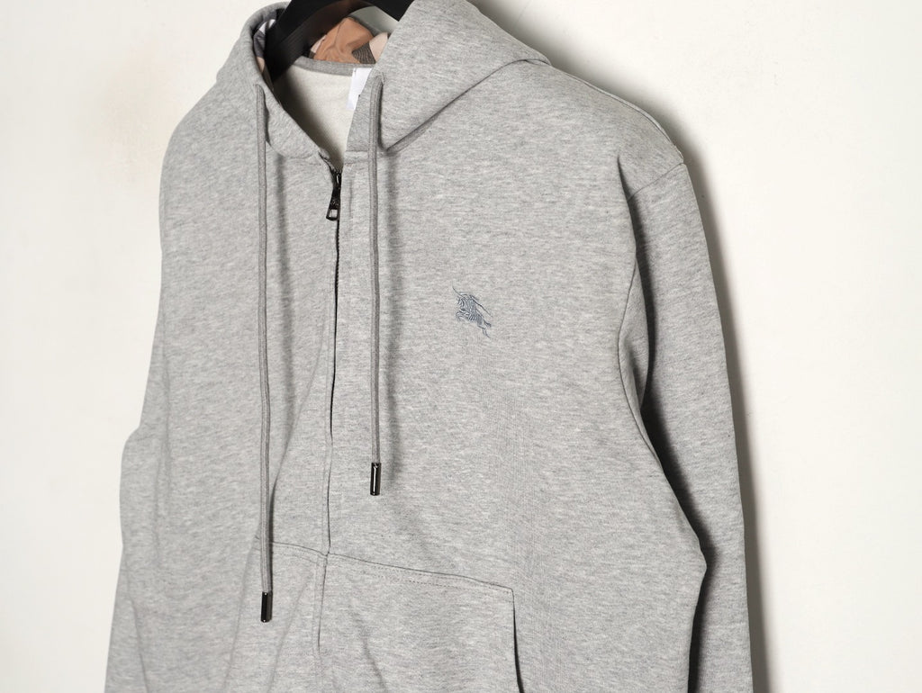 Burberry Equestrian Knight Embroidered Gray Check-Detail Zip Hoodie