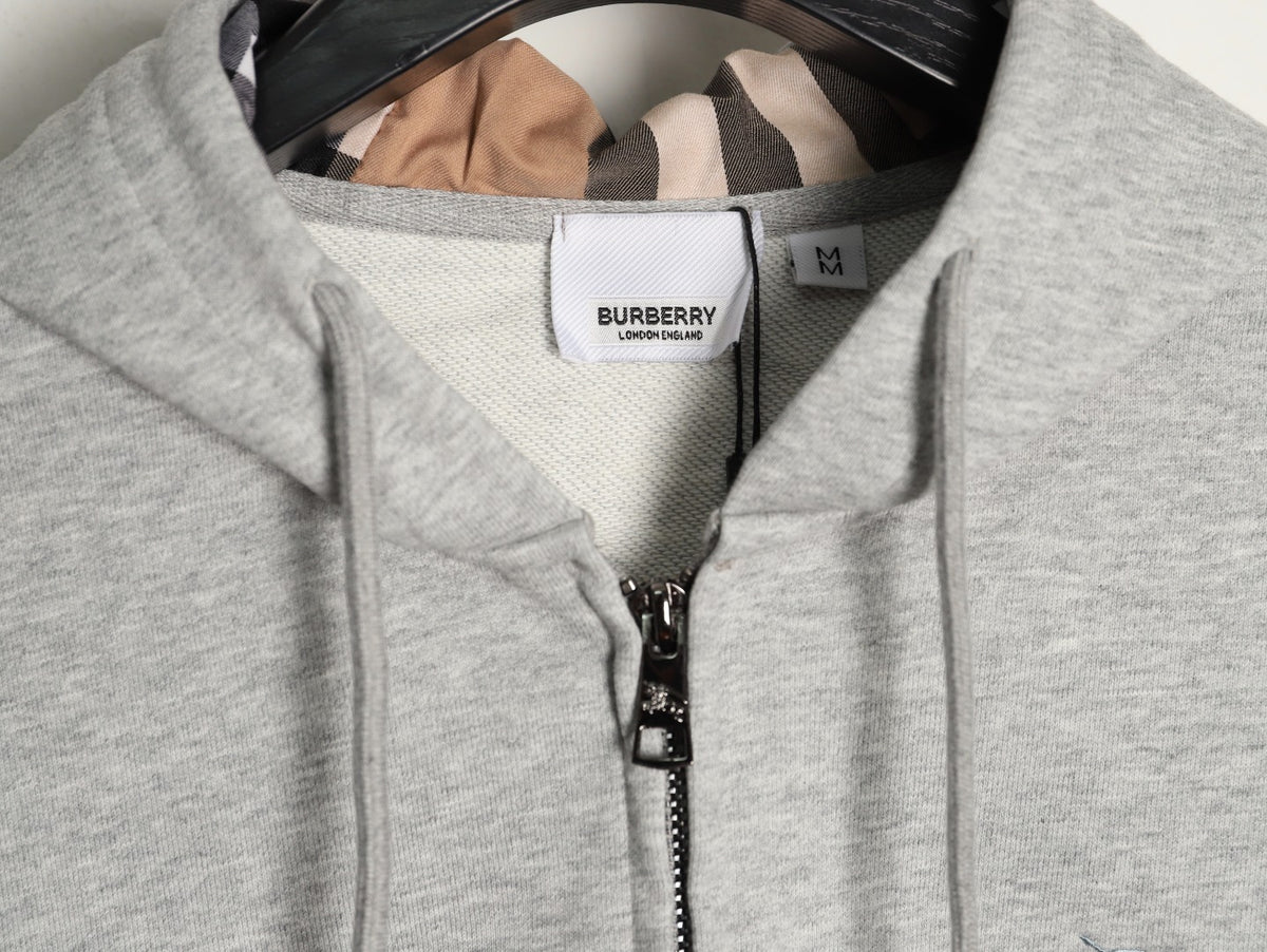 Burberry Equestrian Knight Embroidered Gray Check-Detail Zip Hoodie