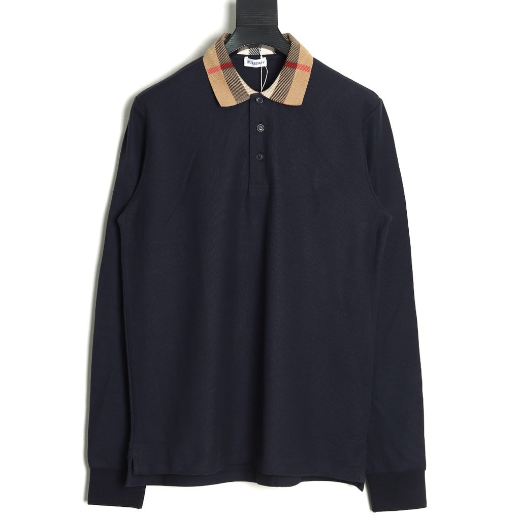 Burberry Navy Check-Collar Long-Sleeve Polo Shirt