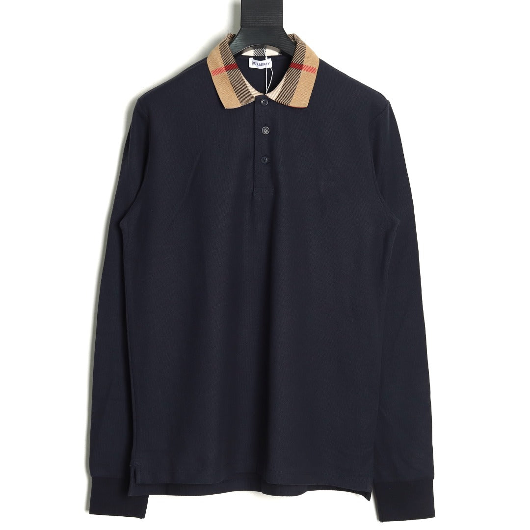 Burberry Navy Check-Collar Long-Sleeve Polo Shirt