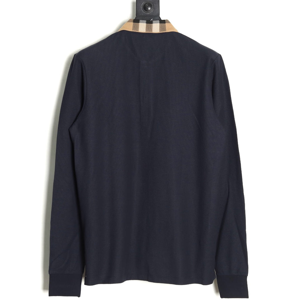Burberry Navy Check-Collar Long-Sleeve Polo Shirt