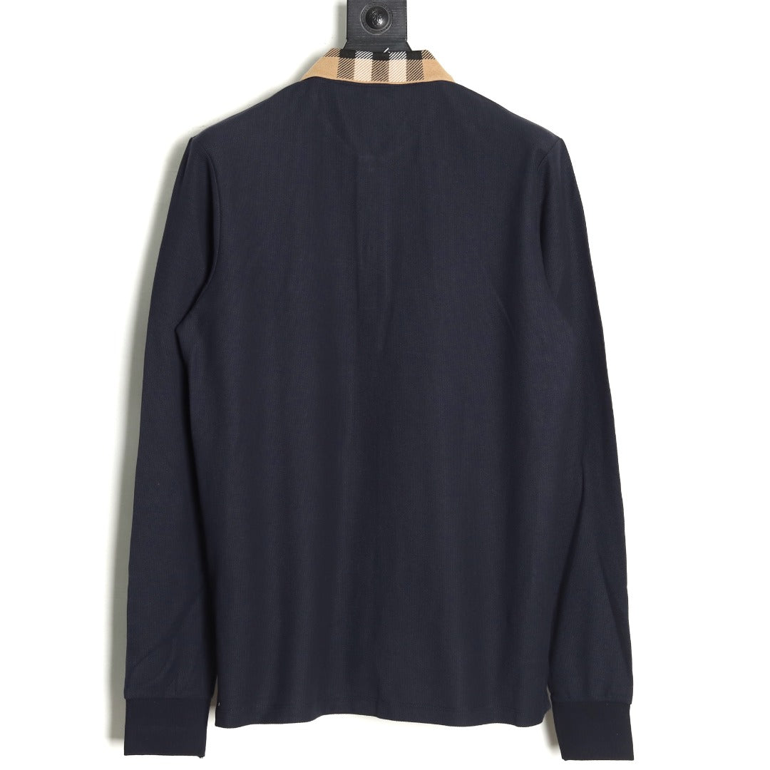 Burberry Navy Check-Collar Long-Sleeve Polo Shirt