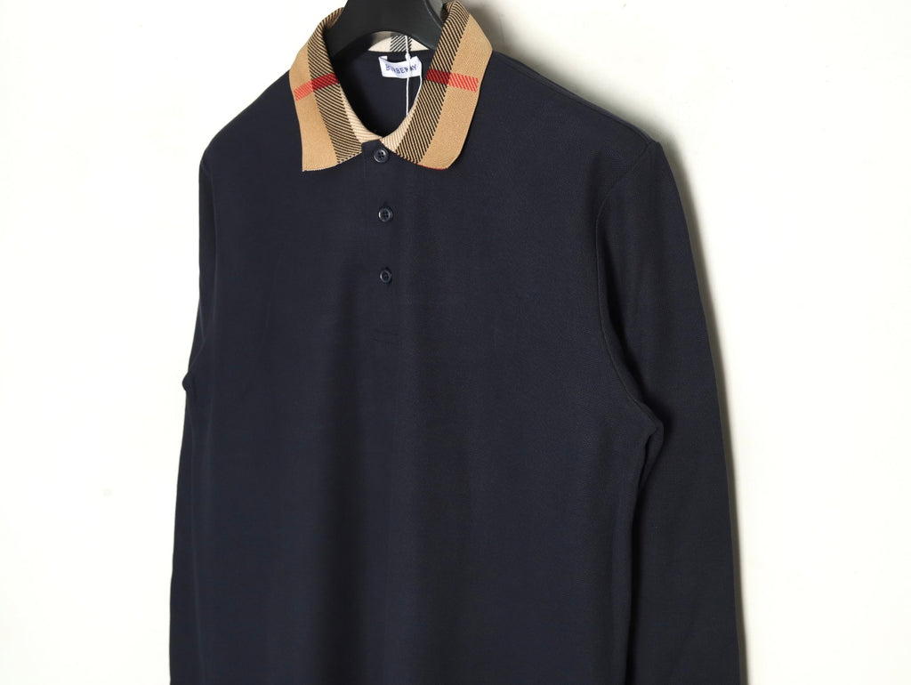 Burberry Navy Check-Collar Long-Sleeve Polo Shirt