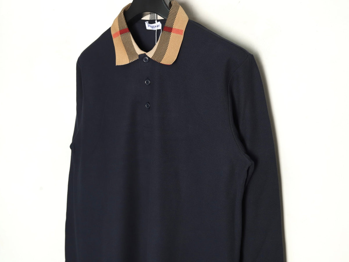 Burberry Navy Check-Collar Long-Sleeve Polo Shirt