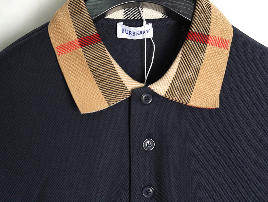 Burberry Navy Check-Collar Long-Sleeve Polo Shirt