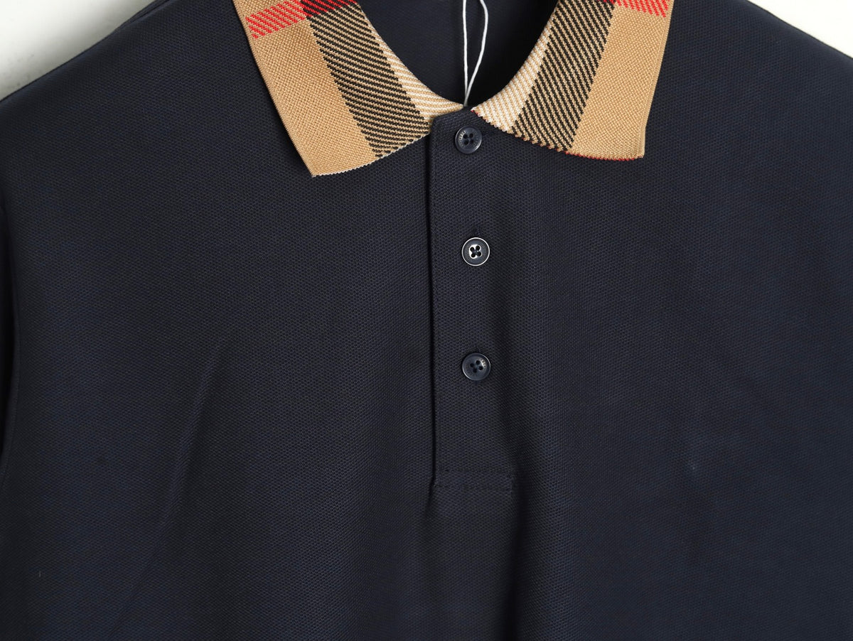Burberry Navy Check-Collar Long-Sleeve Polo Shirt