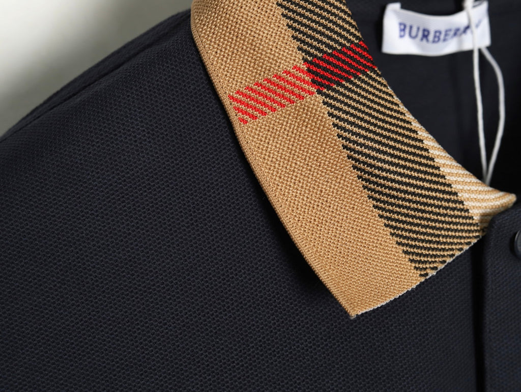 Burberry Navy Check-Collar Long-Sleeve Polo Shirt