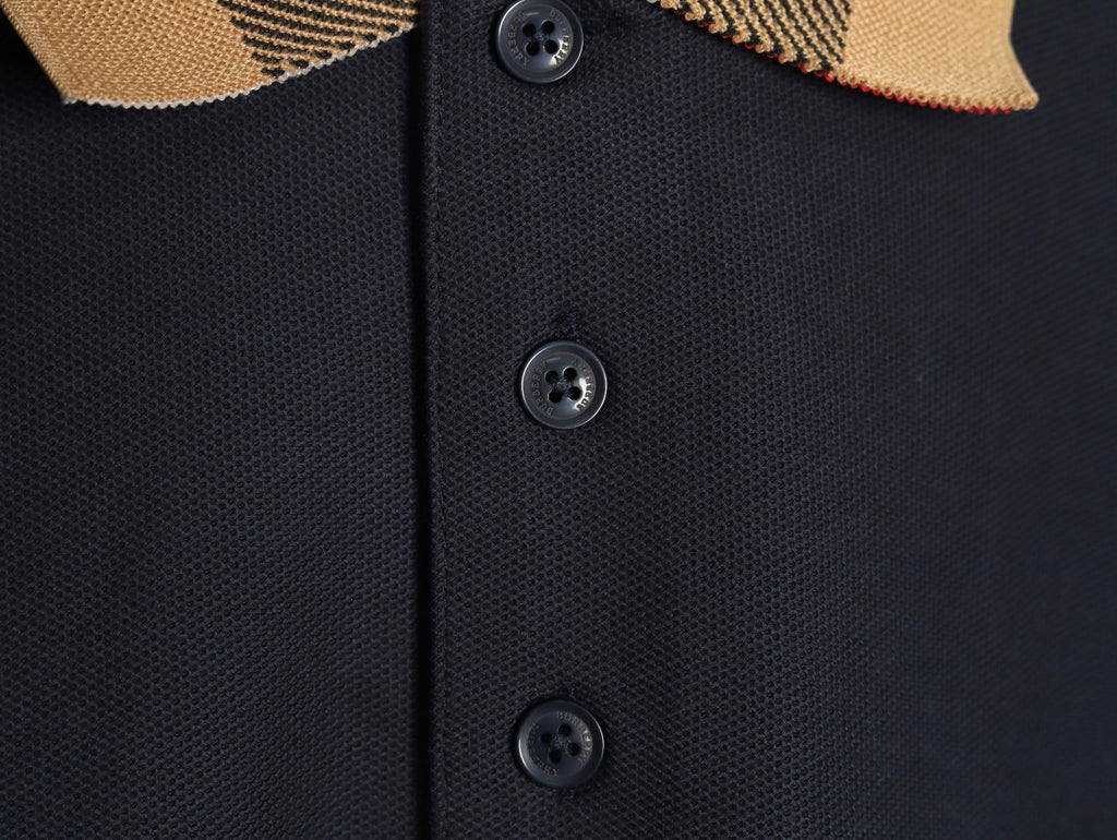 Burberry Navy Check-Collar Long-Sleeve Polo Shirt