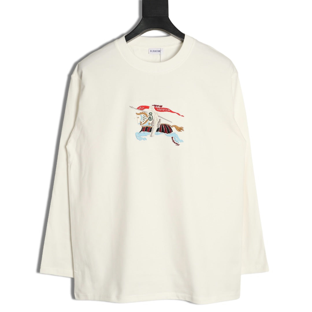 Burberry Colorful Equestrian Knight Embroidered White Long-Sleeve Top