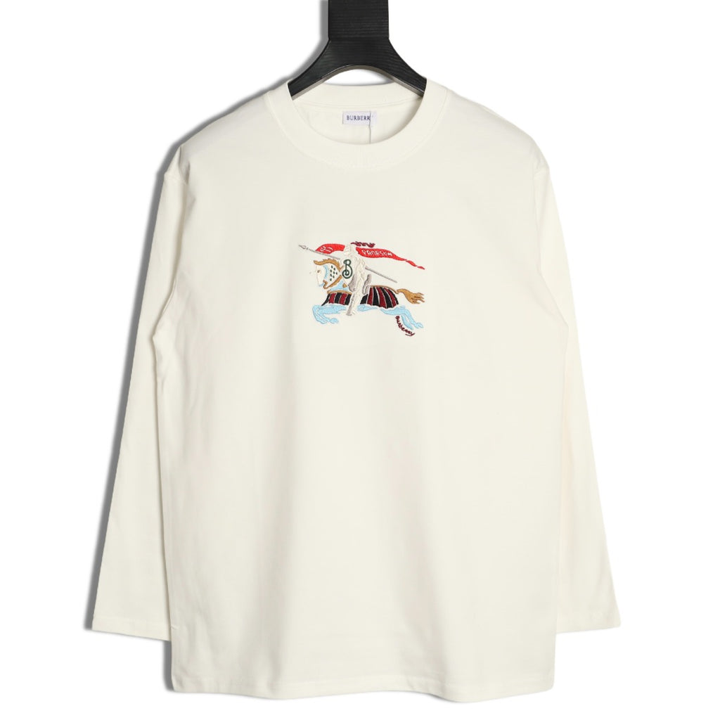 Burberry Colorful Equestrian Knight Embroidered White Long-Sleeve Top
