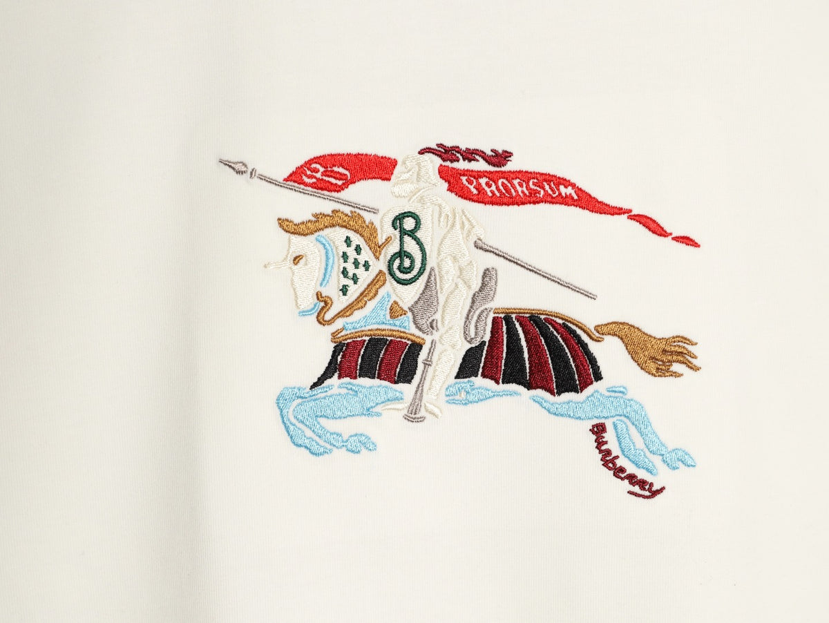 Burberry Colorful Equestrian Knight Embroidered White Long-Sleeve Top