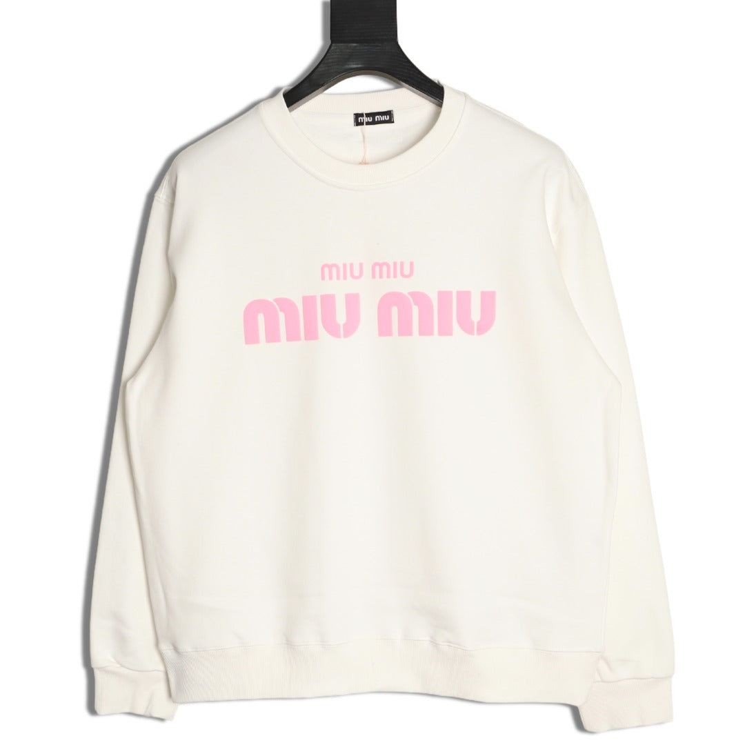 Miu Miu 25FW Pink Foam-Letter Logo White Crewneck Sweatshirt