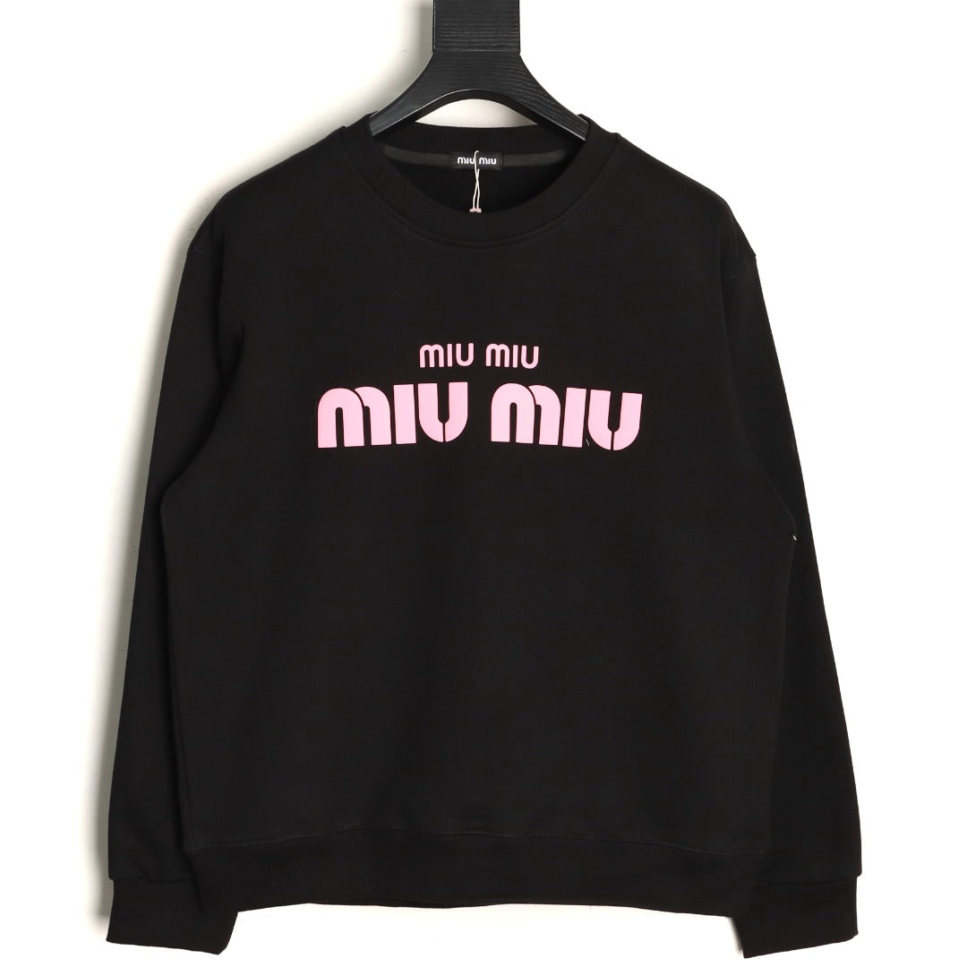 Miu Miu 25FW Pink Foam-Letter Logo Black Crewneck Sweatshirt