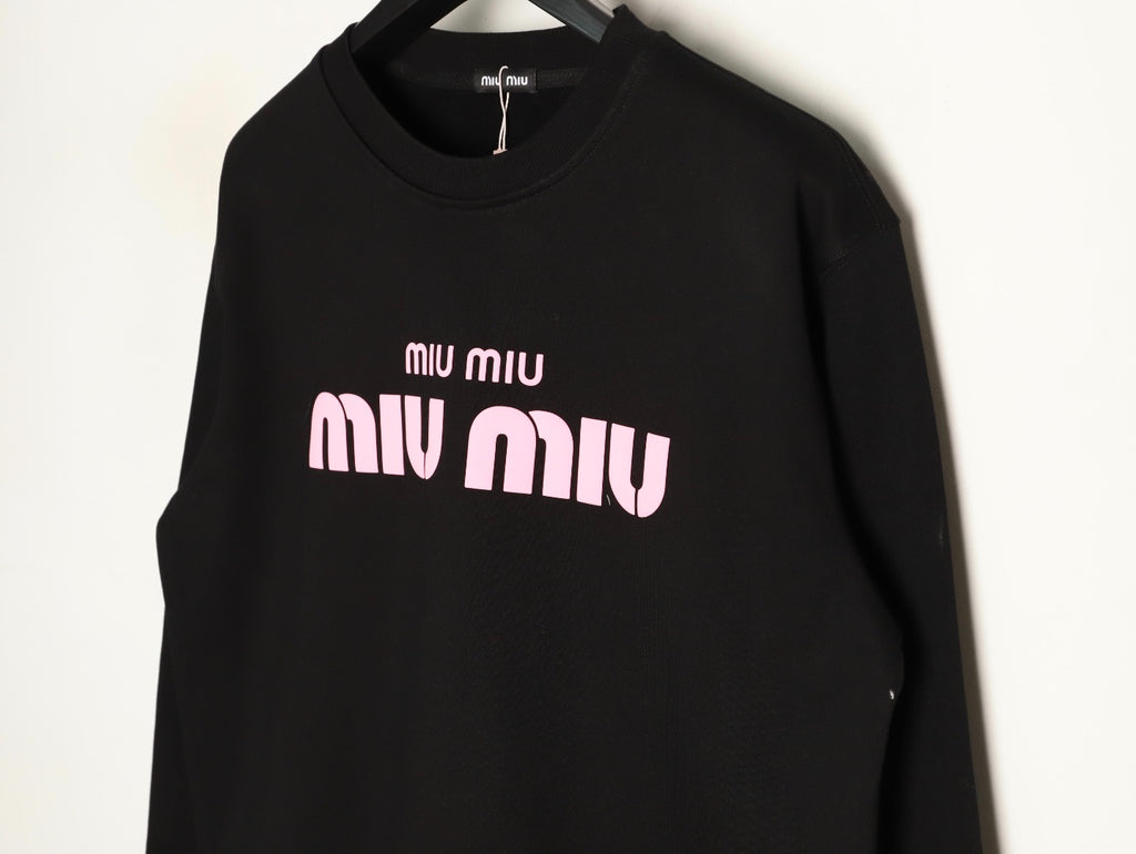 Miu Miu 25FW Pink Foam-Letter Logo Black Crewneck Sweatshirt