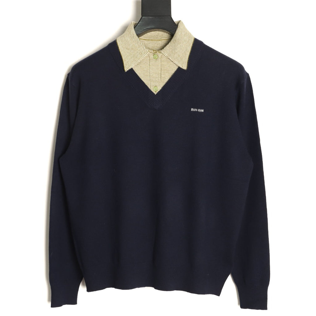 Miu Miu Navy Contrast Striped-Collar Layered V-Neck Sweater