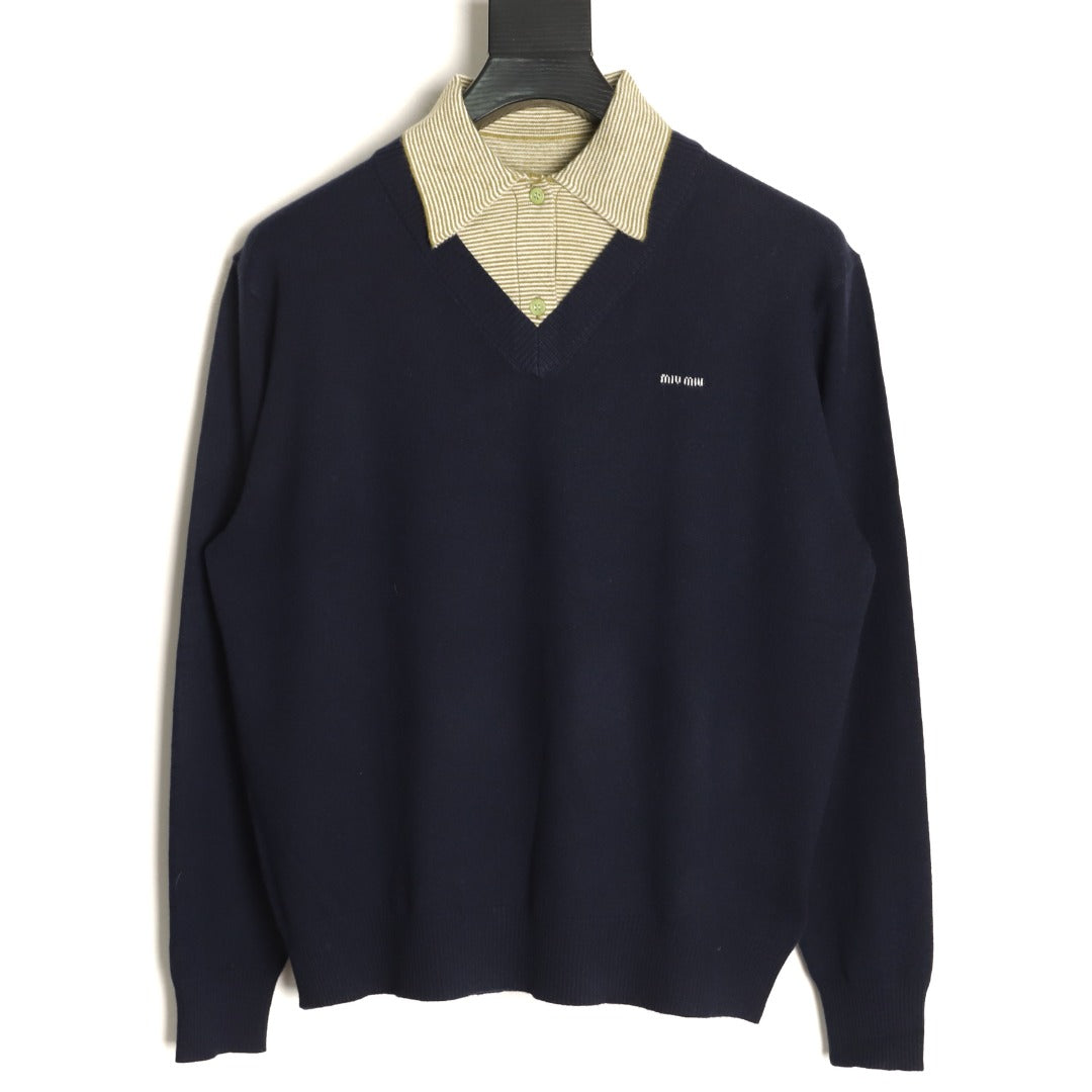 Miu Miu Navy Contrast Striped-Collar Layered V-Neck Sweater