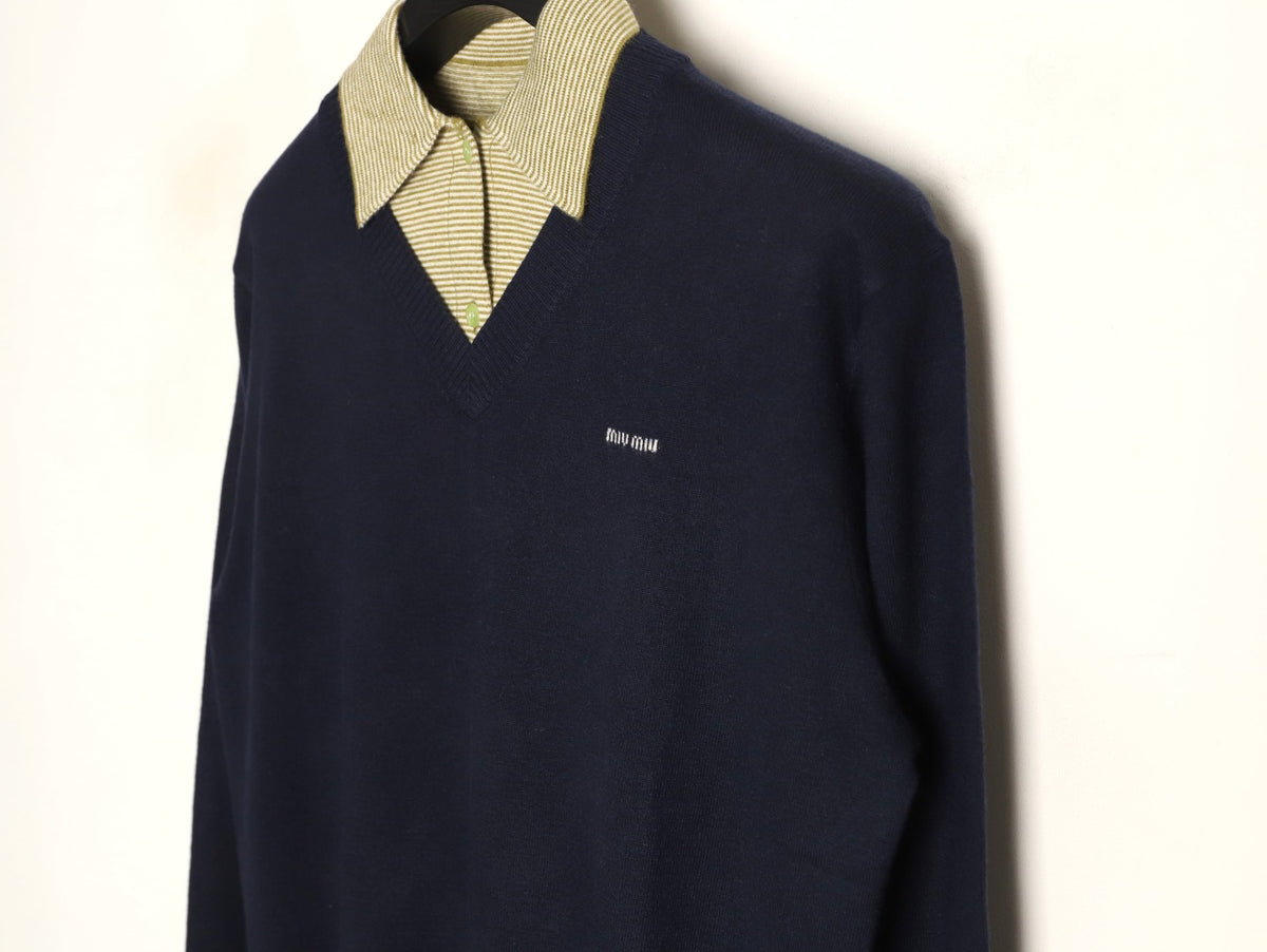 Miu Miu Navy Contrast Striped-Collar Layered V-Neck Sweater