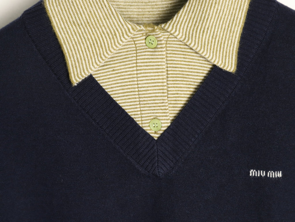 Miu Miu Navy Contrast Striped-Collar Layered V-Neck Sweater