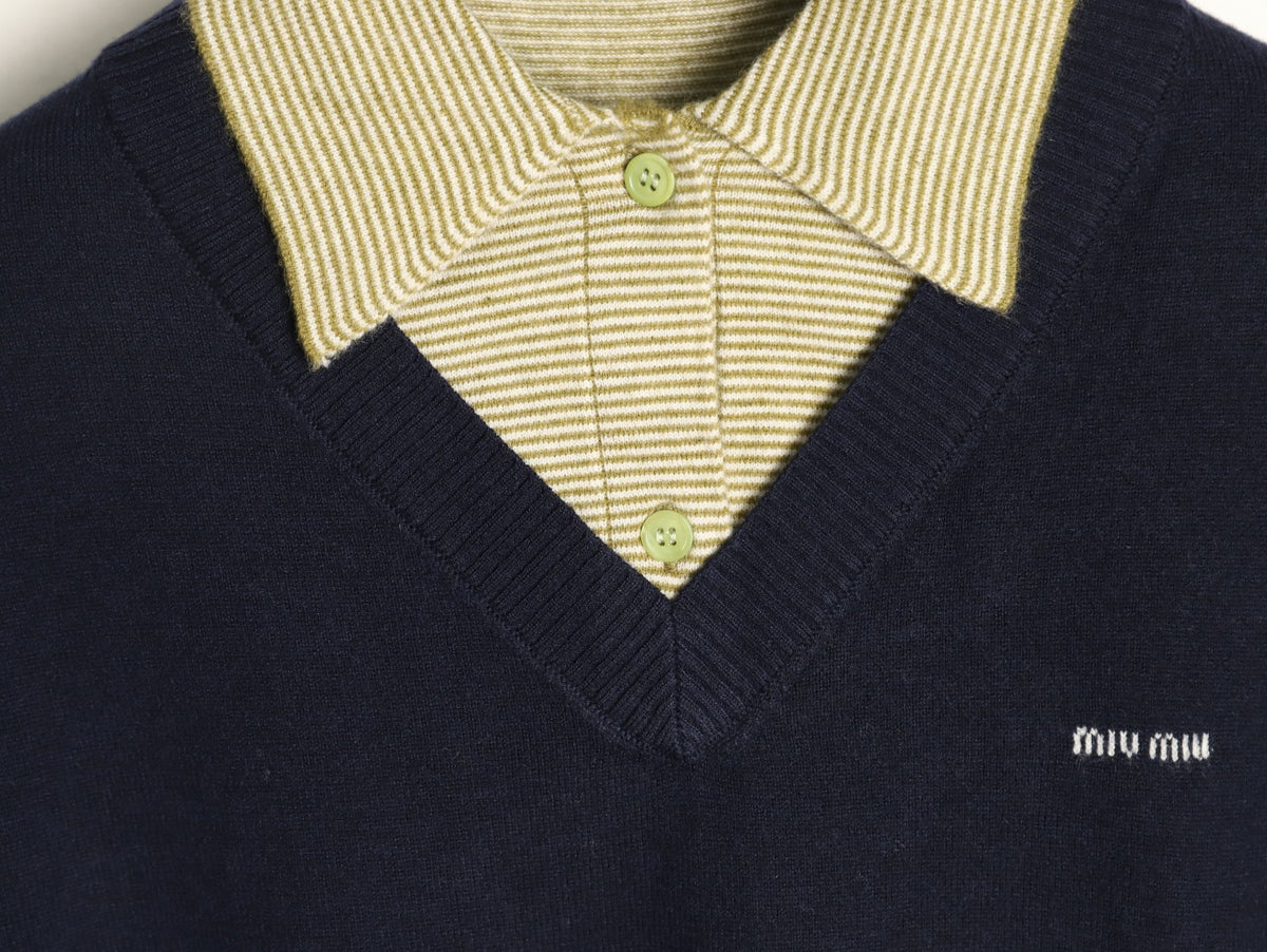Miu Miu Navy Contrast Striped-Collar Layered V-Neck Sweater