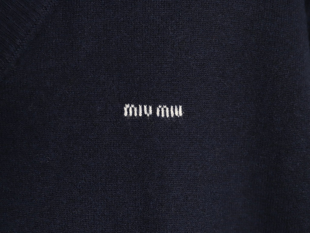 Miu Miu Navy Contrast Striped-Collar Layered V-Neck Sweater