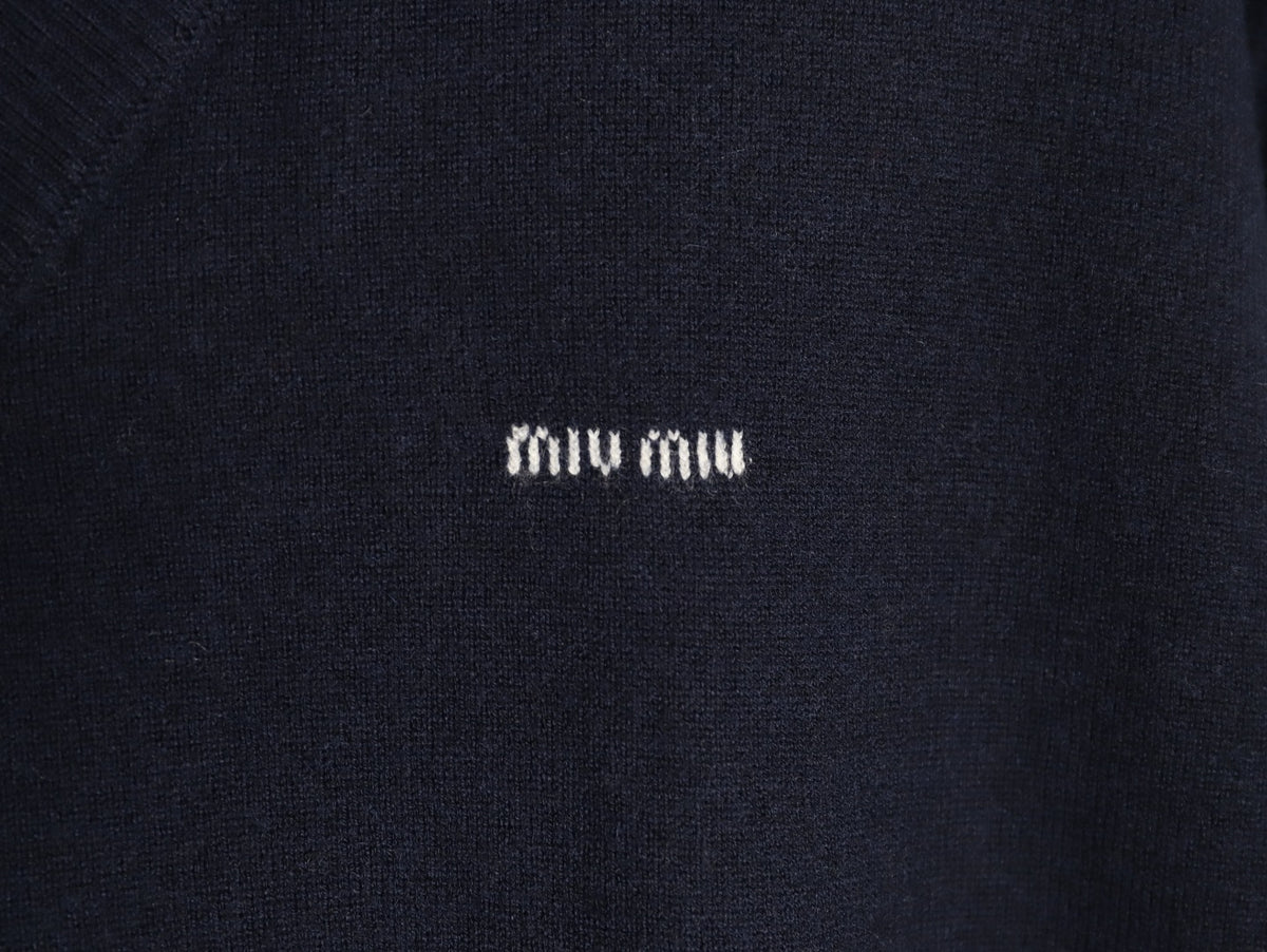 Miu Miu Navy Contrast Striped-Collar Layered V-Neck Sweater