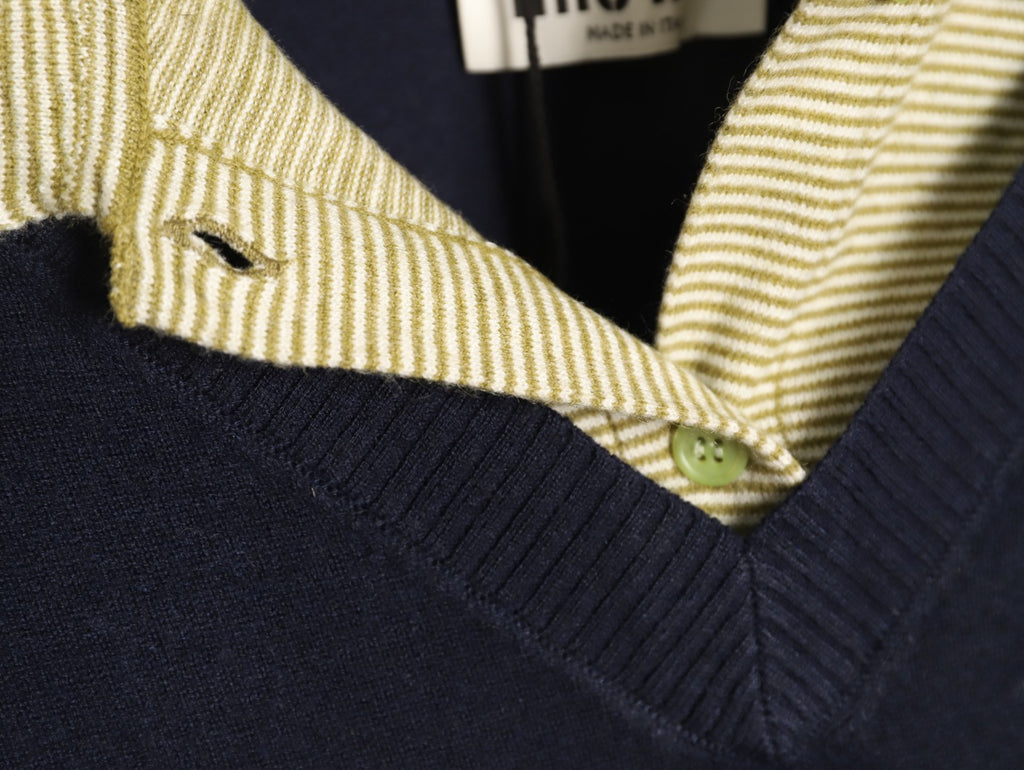 Miu Miu Navy Contrast Striped-Collar Layered V-Neck Sweater