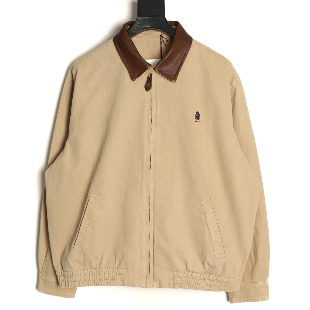 Prada Beige Small-Embroidery Contrast-Collar Zip Jacket