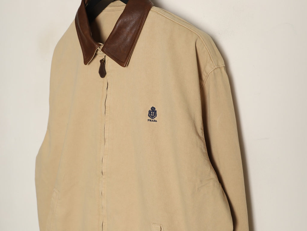 Prada Beige Small-Embroidery Contrast-Collar Zip Jacket