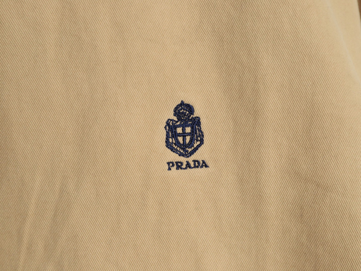 Prada Beige Small-Embroidery Contrast-Collar Zip Jacket