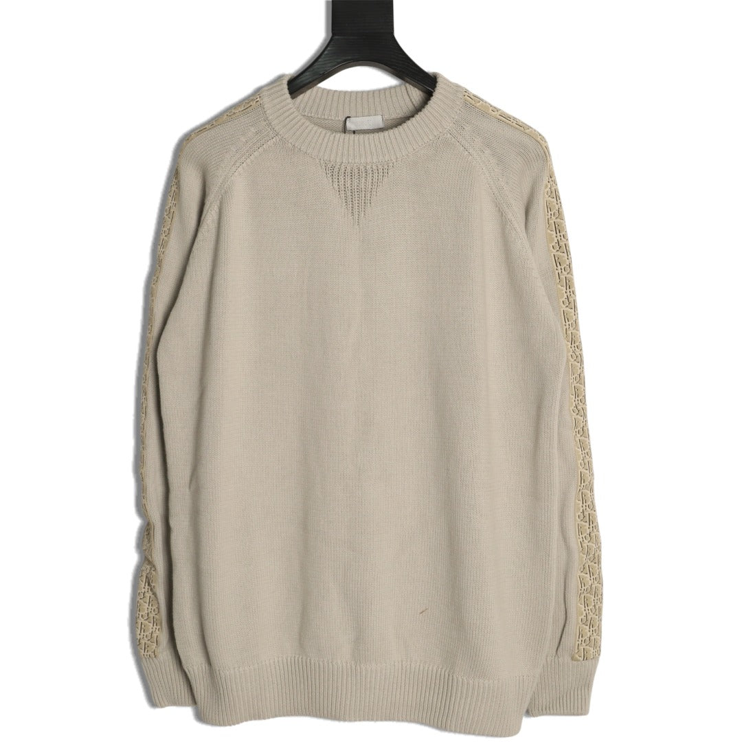 Dior 22FW Beige Jacquard-Tape Sleeve Crewneck Sweater