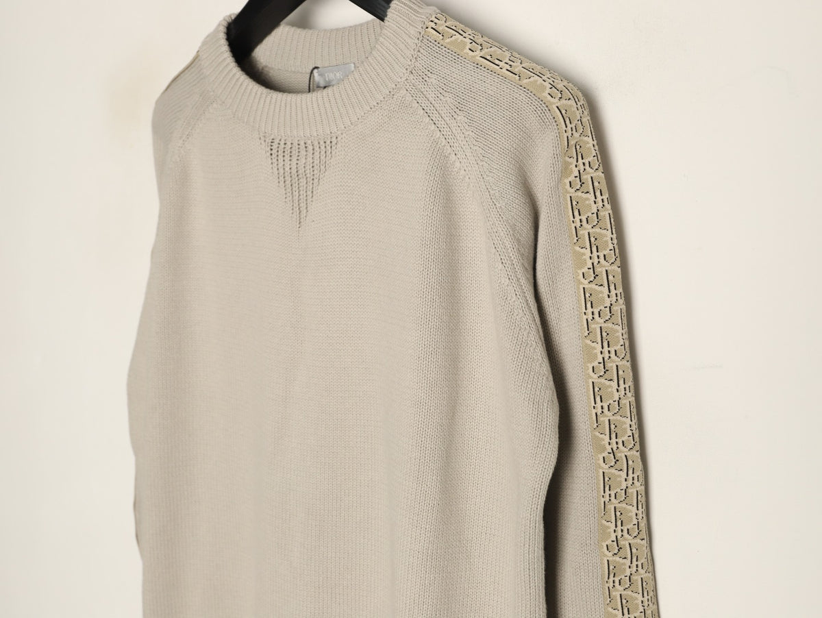 Dior 22FW Beige Jacquard-Tape Sleeve Crewneck Sweater