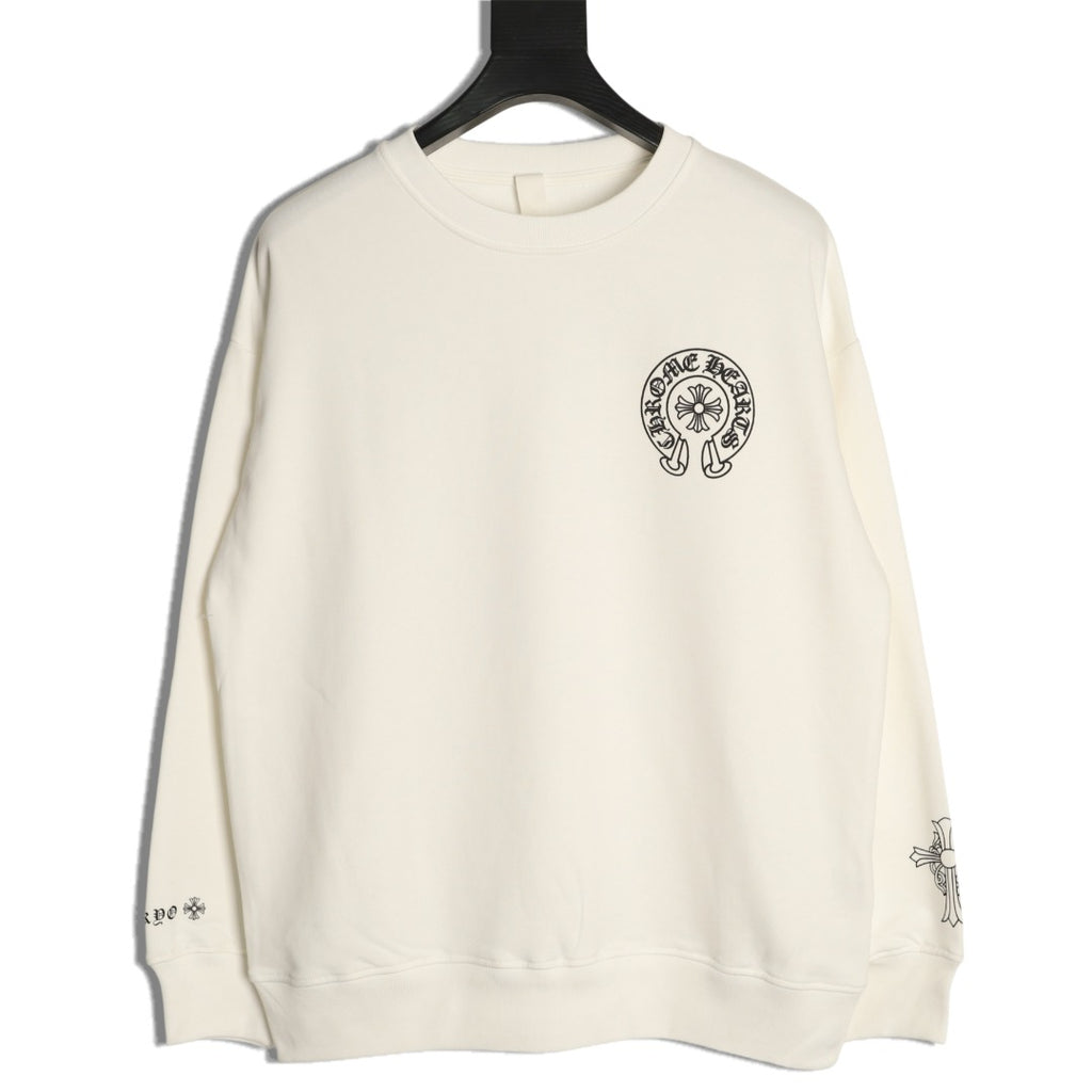 Chrome Hearts White Horseshoe Chest-Print Crewneck Sweatshirt