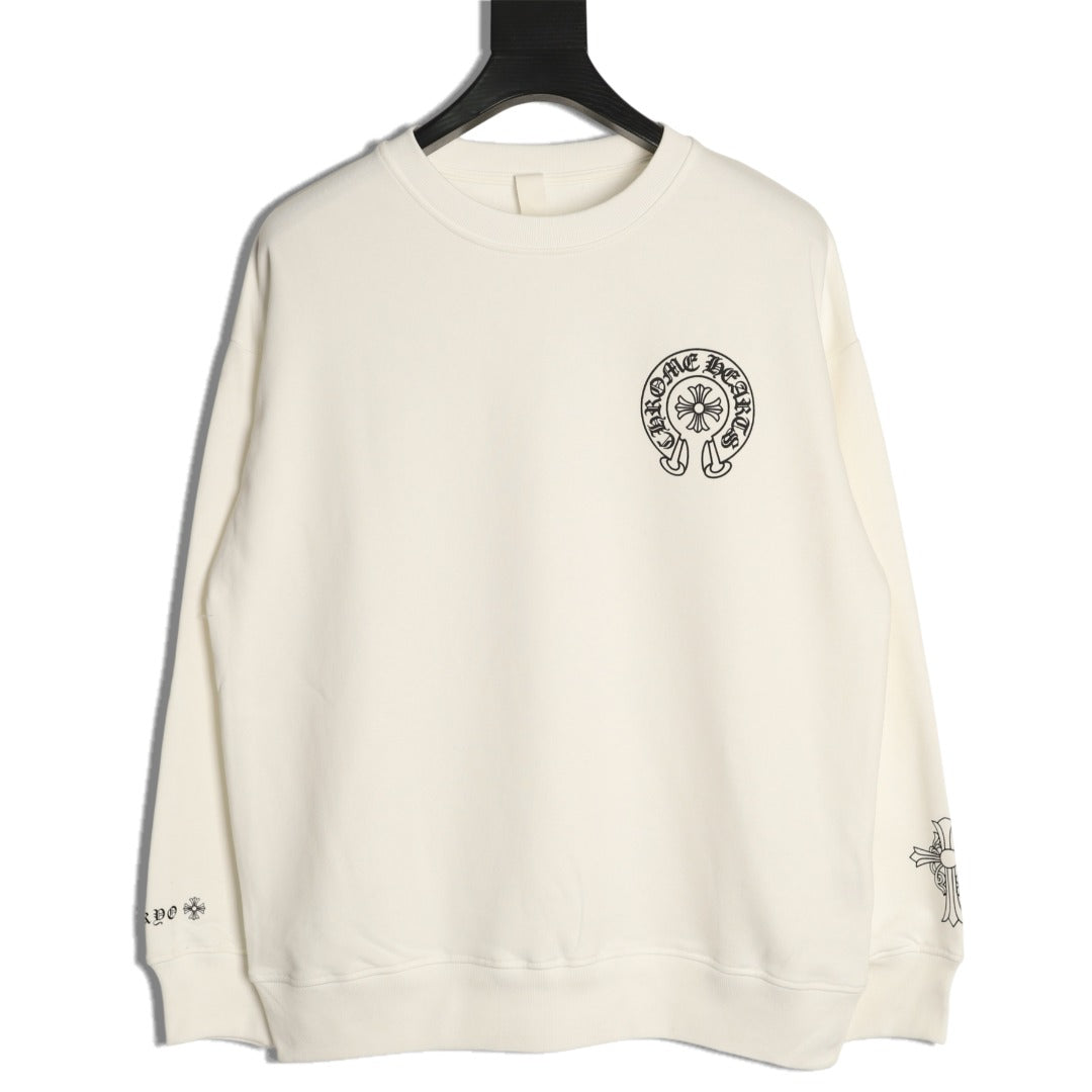 Chrome Hearts White Horseshoe Chest-Print Crewneck Sweatshirt