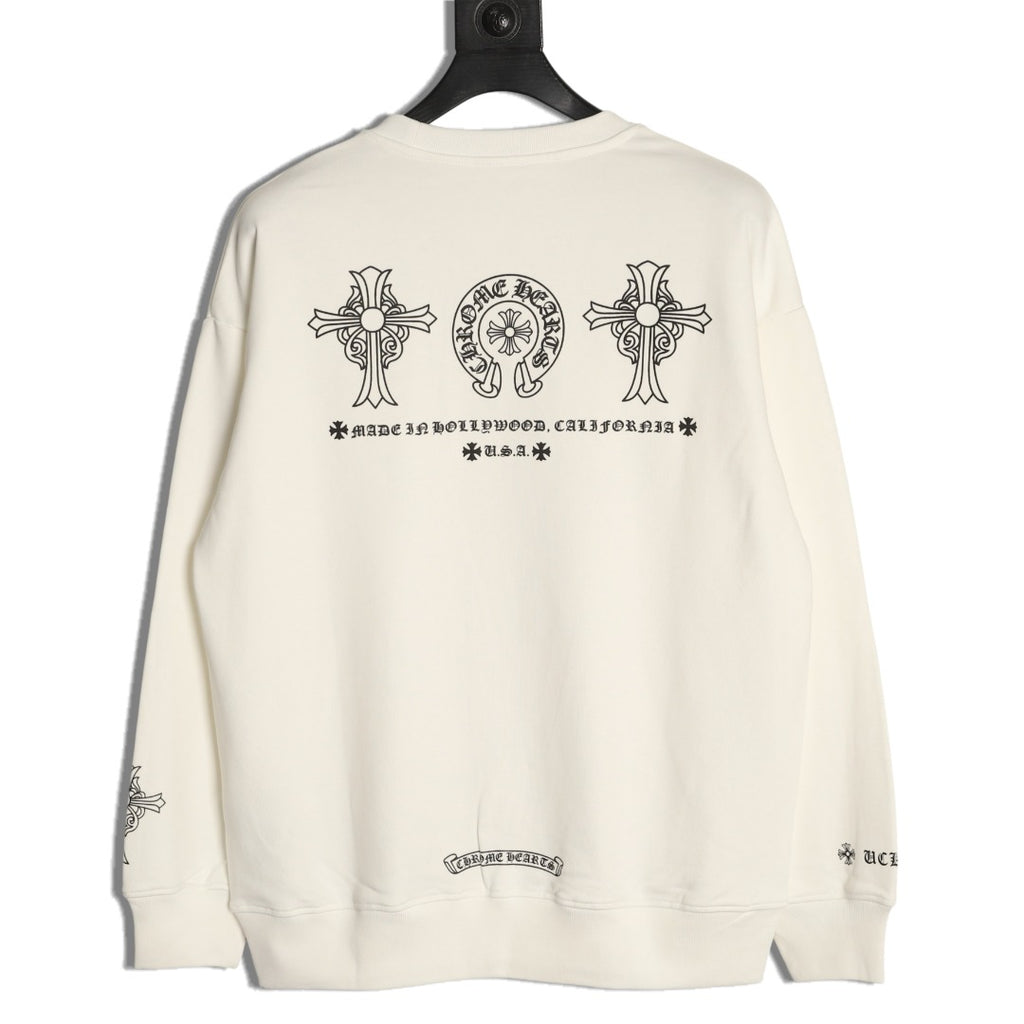 Chrome Hearts White Horseshoe Chest-Print Crewneck Sweatshirt