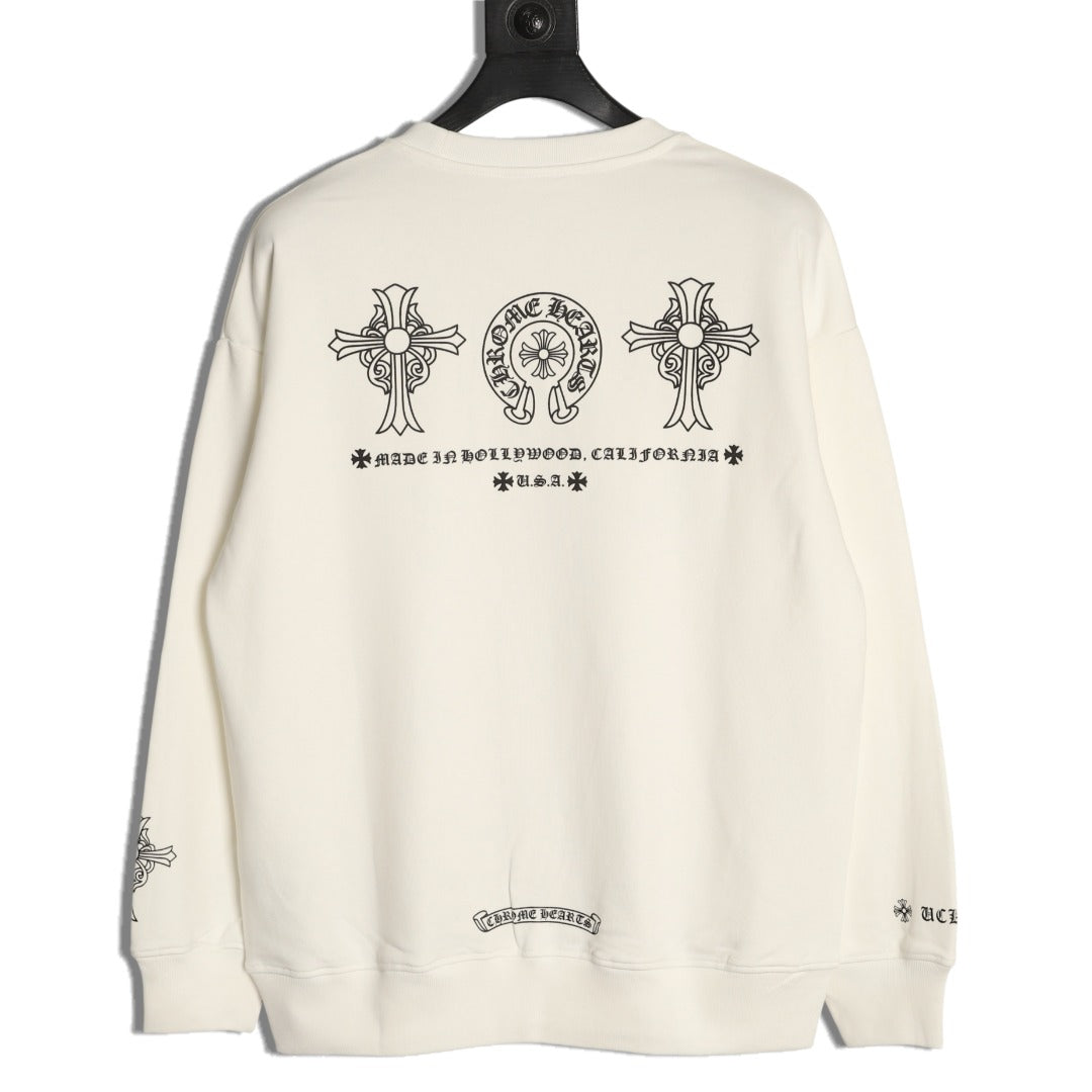 Chrome Hearts White Horseshoe Chest-Print Crewneck Sweatshirt