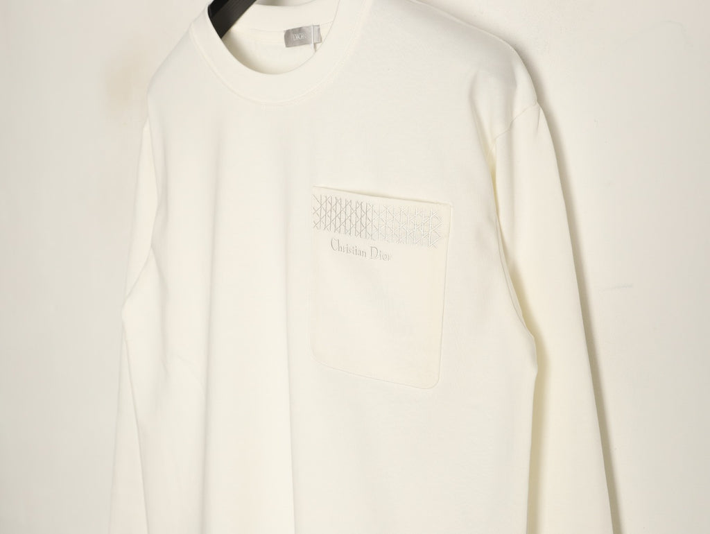 Dior 26SS White Cannage-Detail Embroidered Pocket Long-Sleeve Top