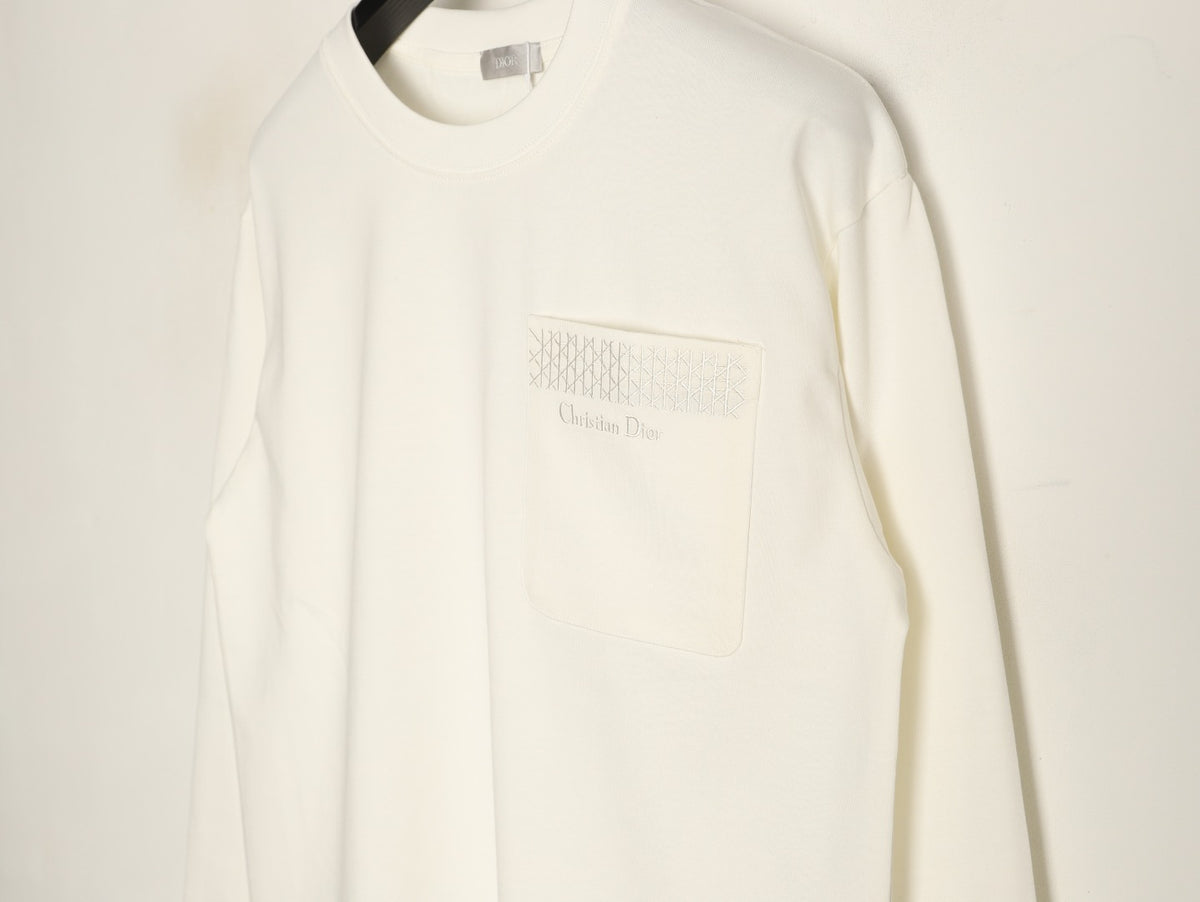 Dior 26SS White Cannage-Detail Embroidered Pocket Long-Sleeve Top