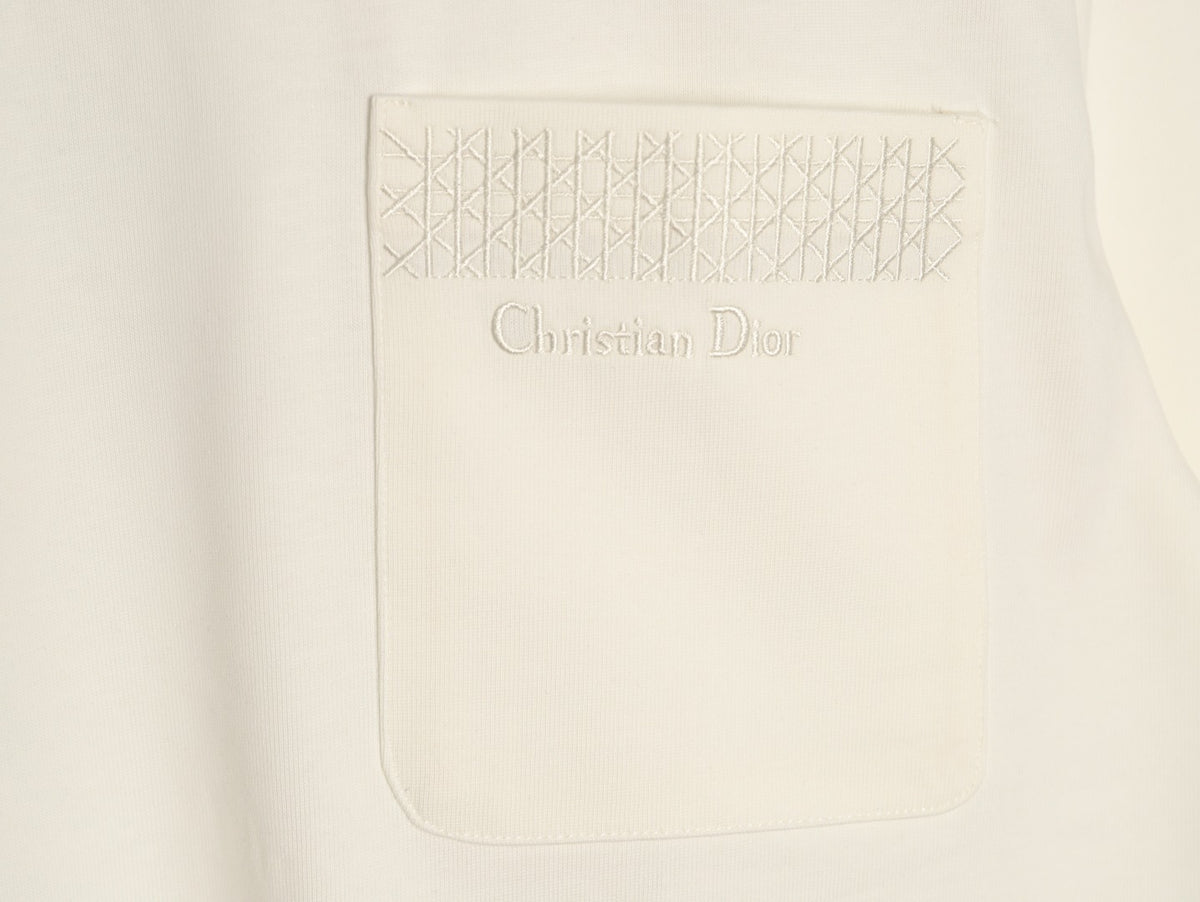Dior 26SS White Cannage-Detail Embroidered Pocket Long-Sleeve Top