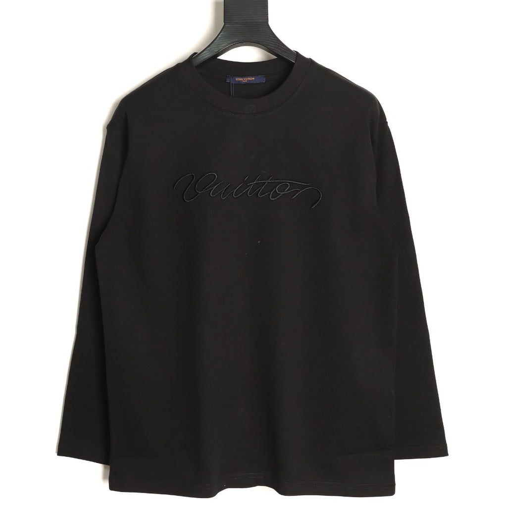 Louis Vuitton Black Tonal Embroidered Script Chest Long-Sleeve Top
