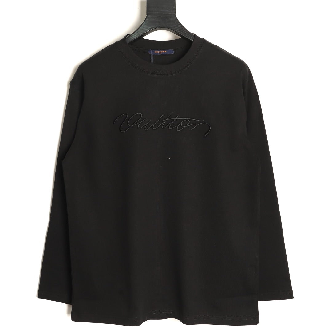 Louis Vuitton Black Tonal Embroidered Script Chest Long-Sleeve Top