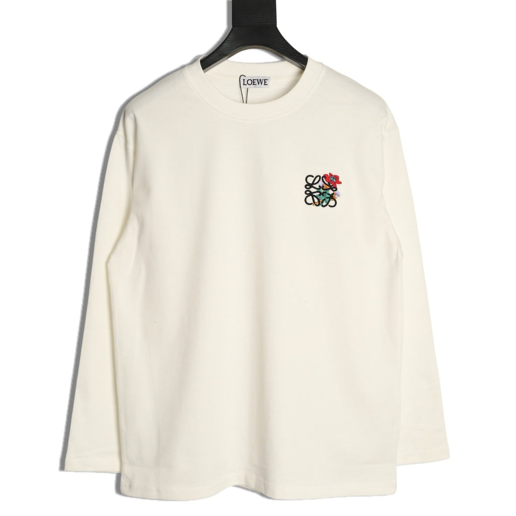 Loewe White Floral Embroidered-Logo Long-Sleeve Top