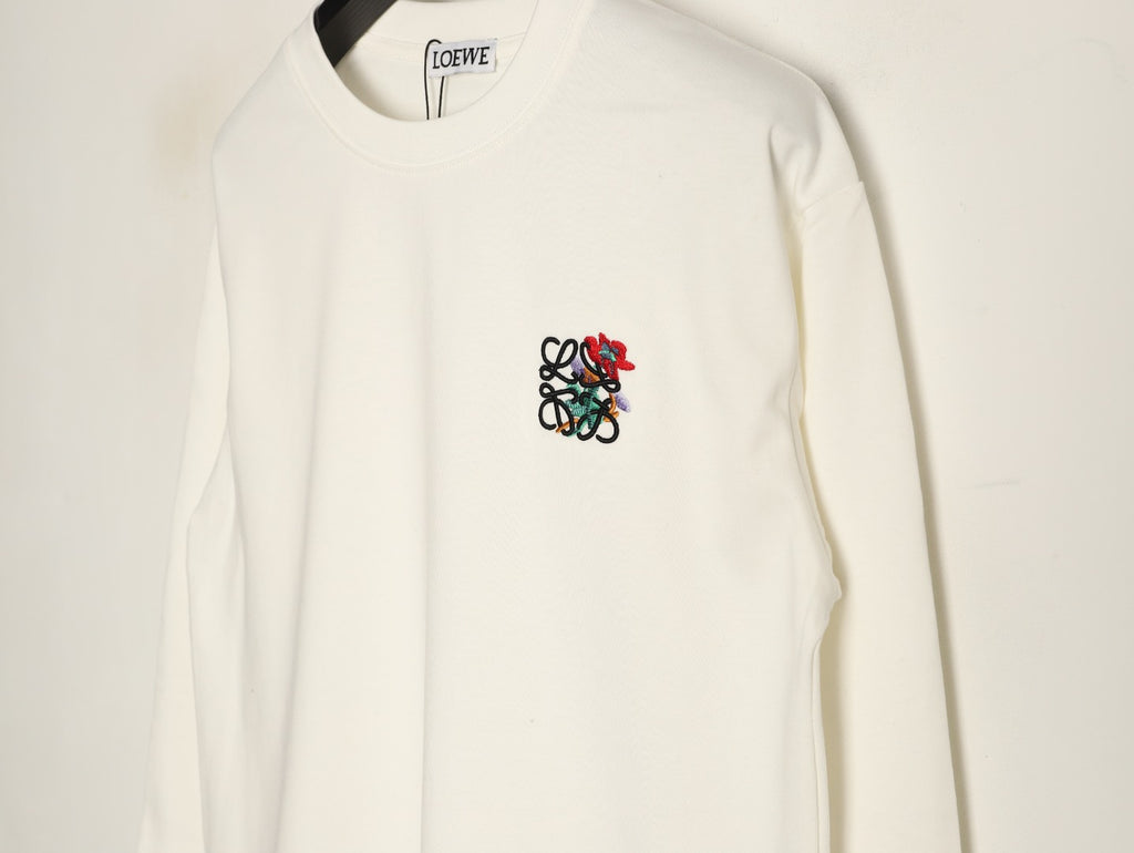 Loewe White Floral Embroidered-Logo Long-Sleeve Top