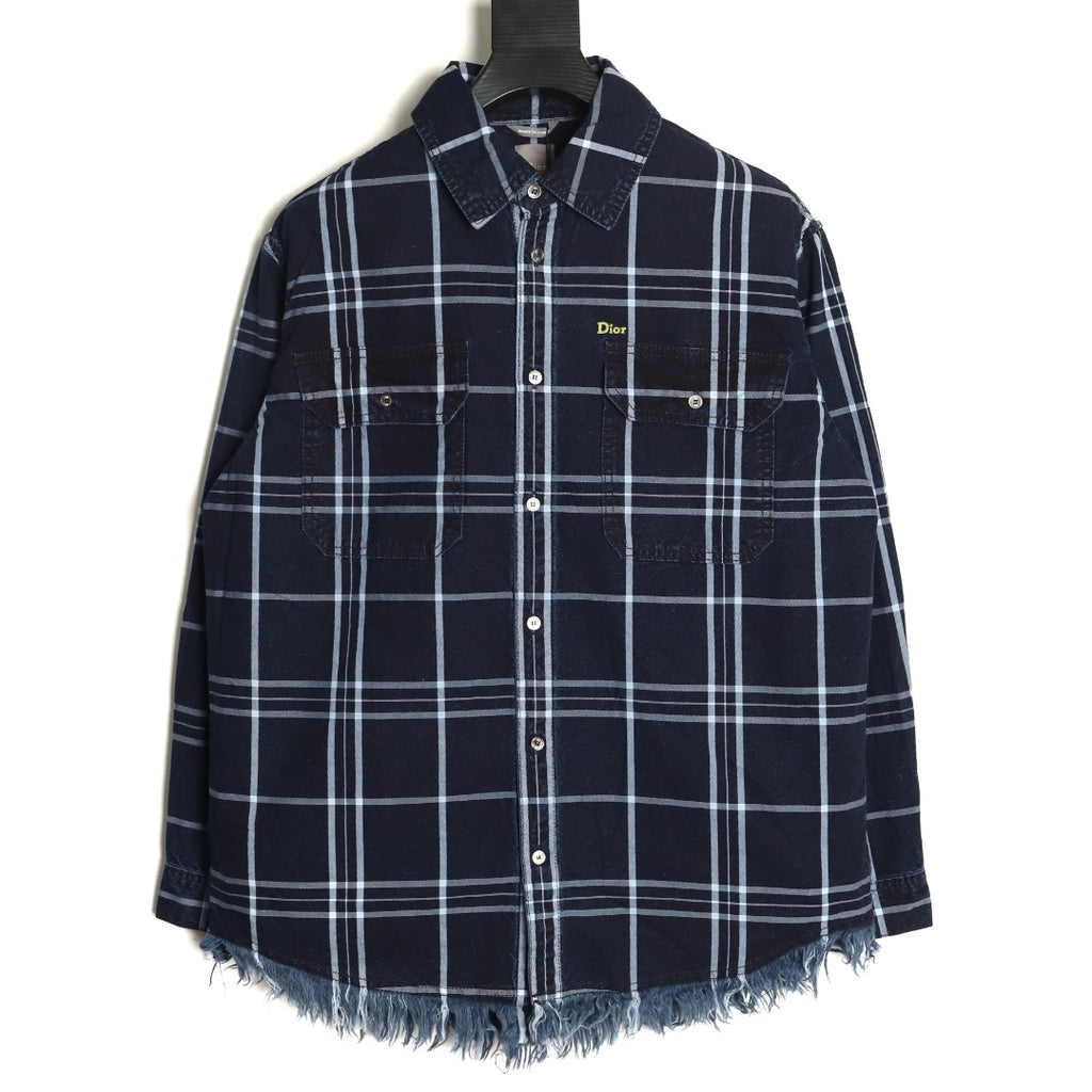 Dior CD Navy Plaid Fringed-Hem Long-Sleeve Shirt Jacket