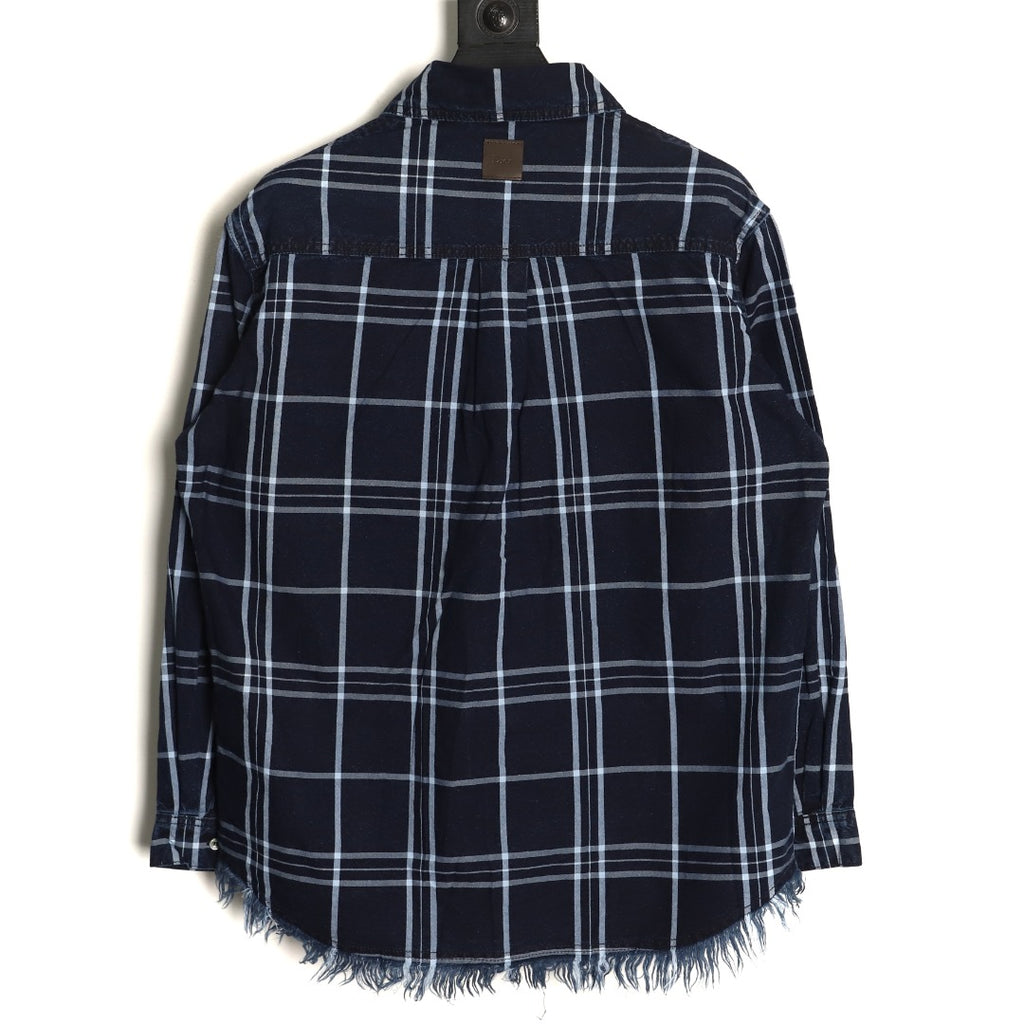 Dior CD Navy Plaid Fringed-Hem Long-Sleeve Shirt Jacket
