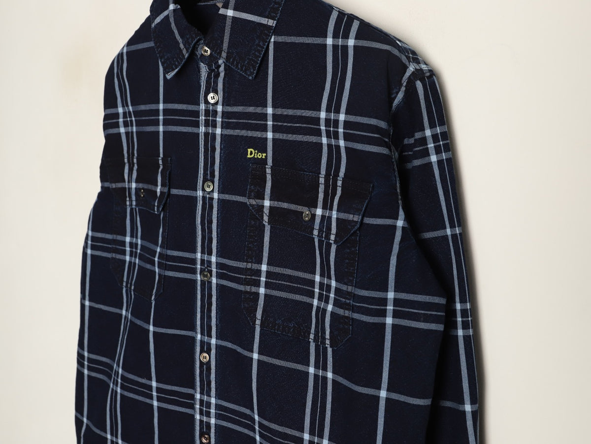 Dior CD Navy Plaid Fringed-Hem Long-Sleeve Shirt Jacket