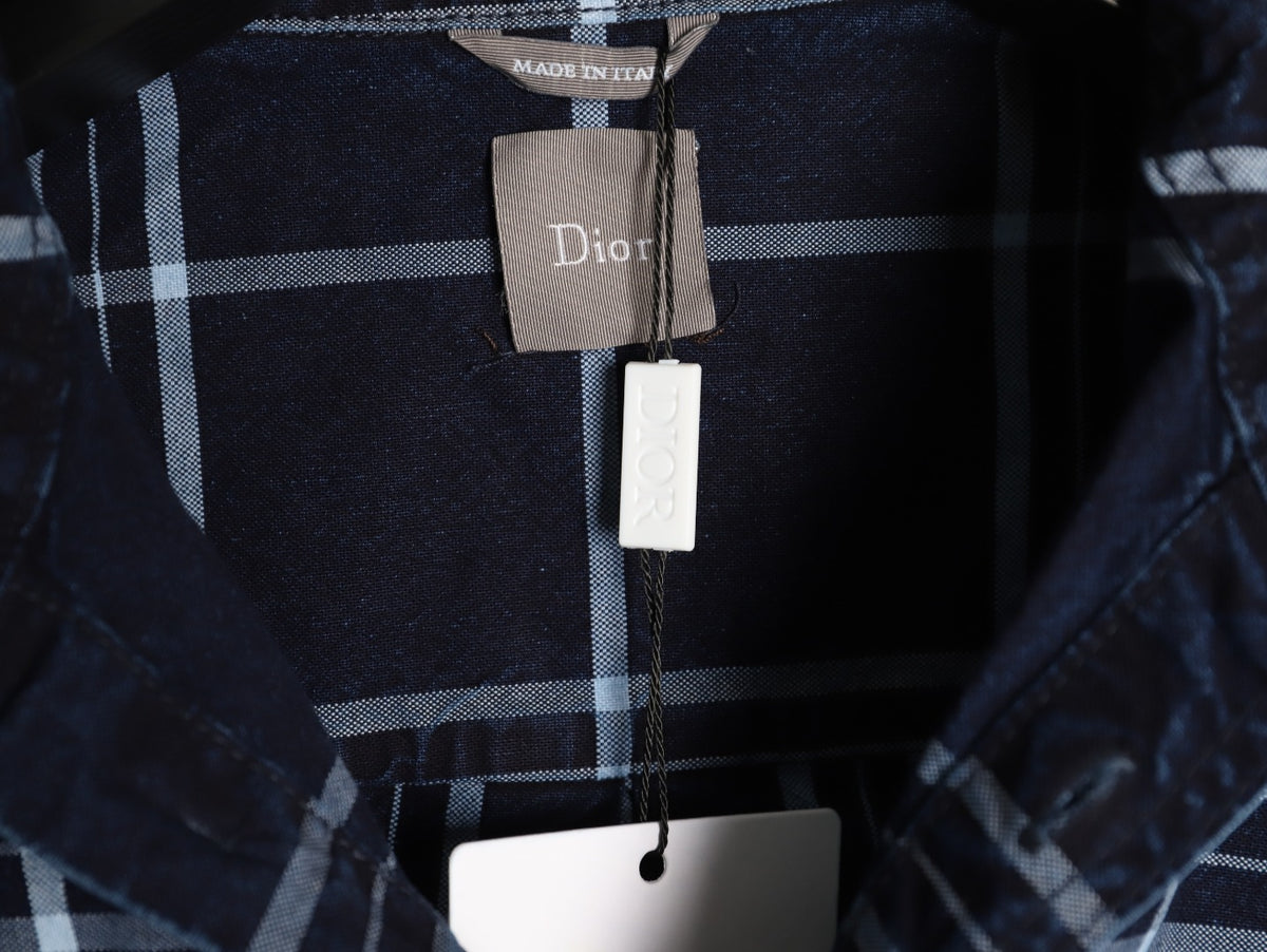 Dior CD Navy Plaid Fringed-Hem Long-Sleeve Shirt Jacket
