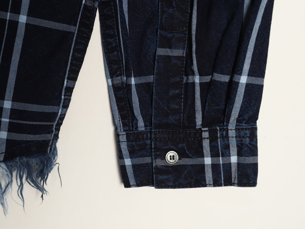 Dior CD Navy Plaid Fringed-Hem Long-Sleeve Shirt Jacket