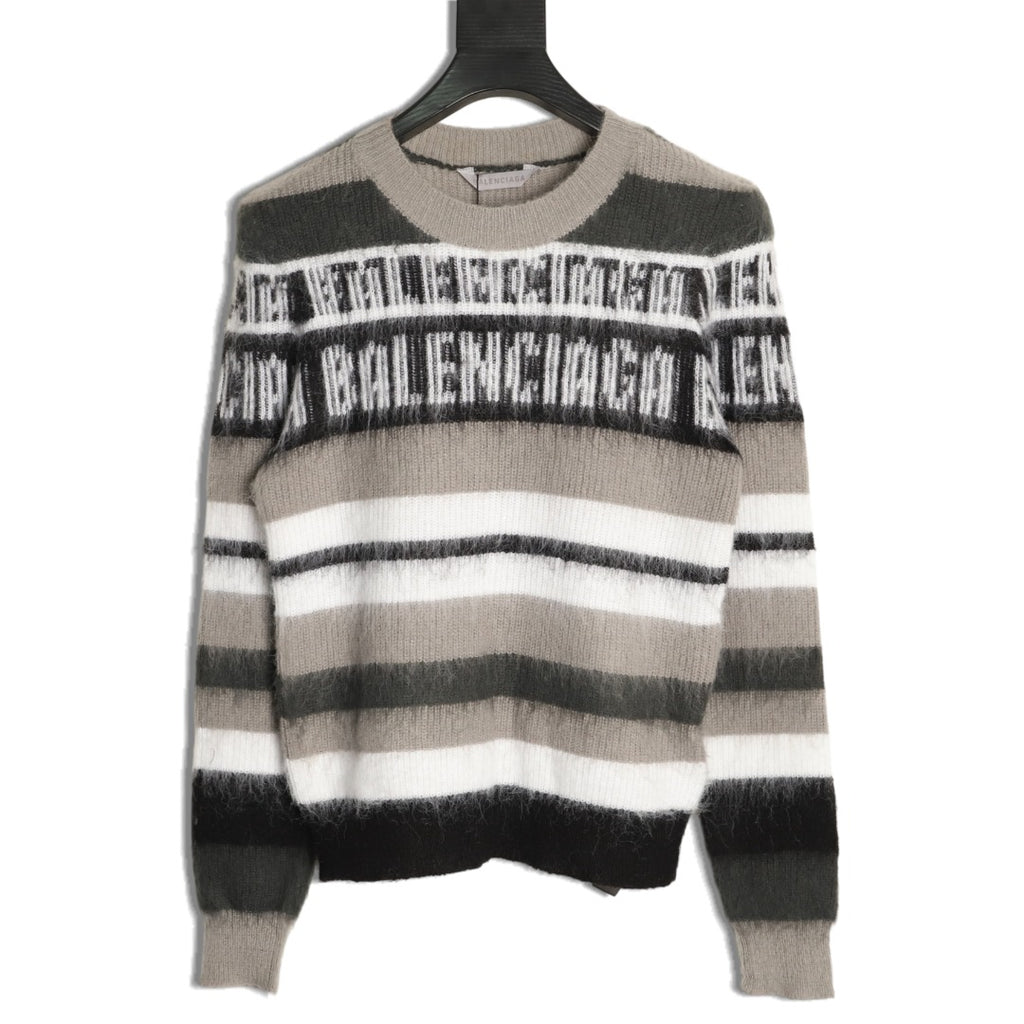 Balenciaga BLCG Gray Black and White Striped Crewneck Sweater