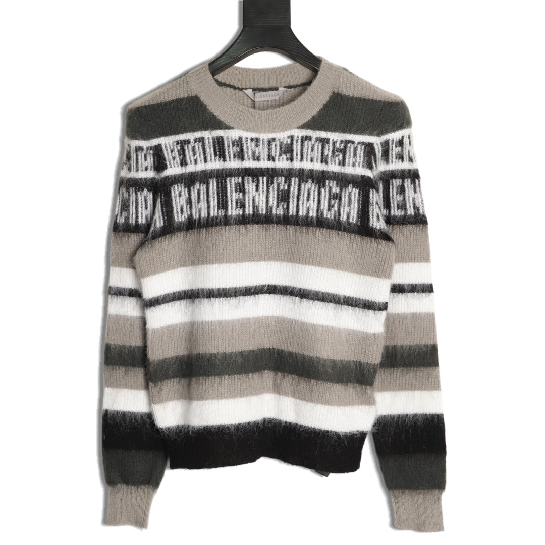 Balenciaga BLCG Gray Black and White Striped Crewneck Sweater