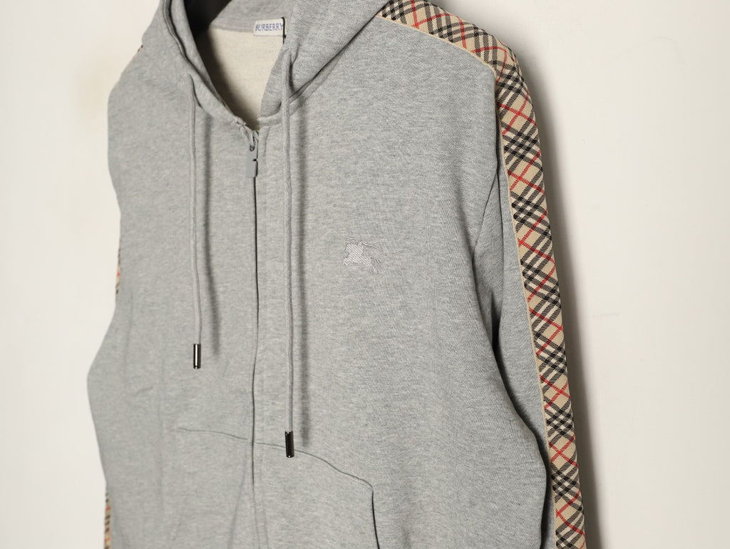 Burberry 25FW Gray Check-Trim Zip Hoodie Jacket